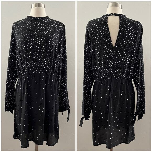 Warehouse UK Polka Dot Dress Women's Size 12 Black Cut-Out Long Sleeve Stretch - Picture 1 of 12